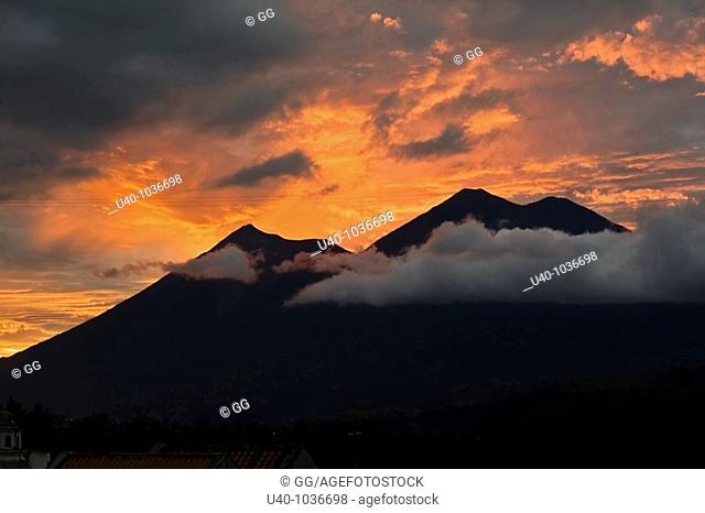 Guatemala, view of Volcan de Fuego and Acatenango, sunset