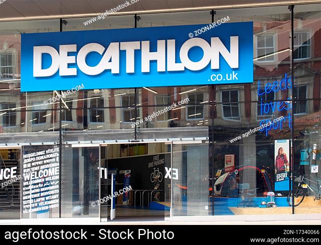 leeds, west yorkshire, united kingdom - 17 June 2021: sign and logo above the entrance to a decathlon sporting clothes in leeds city centre store