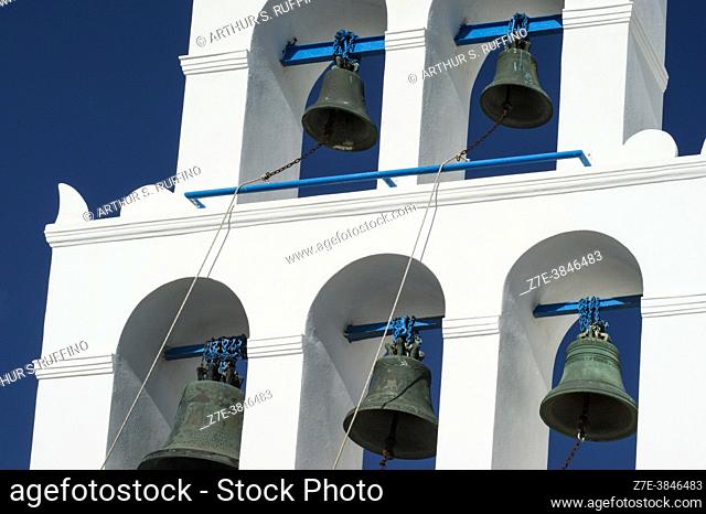 Bell tower of the Church of Panagia Platsani. Oia, Santorini, Greece, Europe