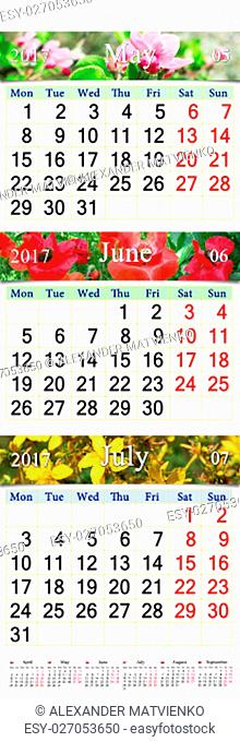 office calendar for three months May June and July 2017 with pictures of nature