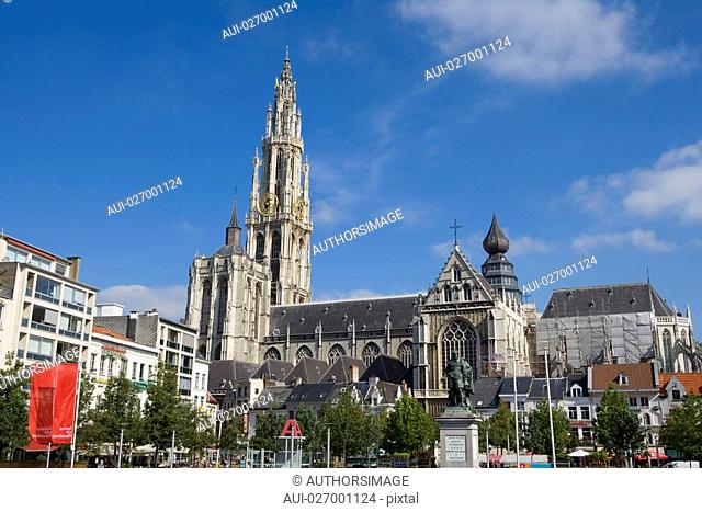 Belgium - Flanders - Antwerp - View on the Groenplaats Green Square and Cathedral of Our Lady Onze-Lieve-Vrouwekathedraal