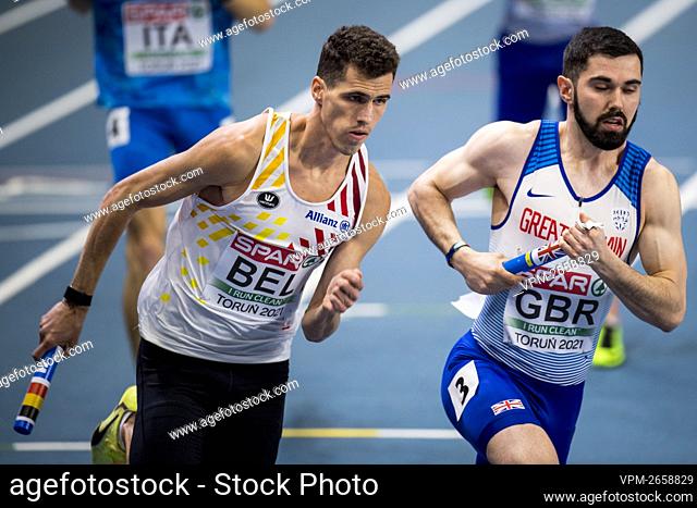 Belgian Jonathan Borlee (L) pictured in action during the men 4x400m relay event at the European Athletics Indoor Championships, in Torun, Poland