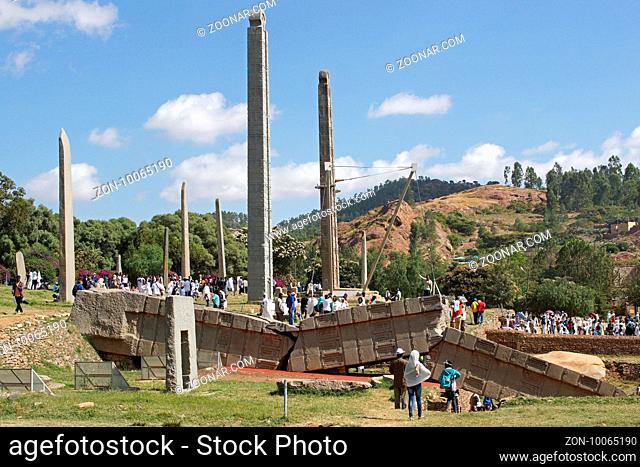 AXUM, ETHIOPIA - NOVEMBER 30, 2014: People visiting the ancient steles of Axum during the Hidar Zion Ceremony on November 30, 2014 in Ethiopia, Africa