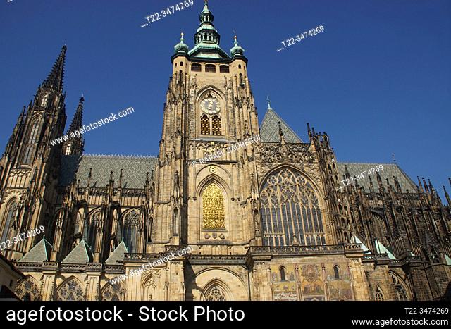 Prague (Czech Republic). Bell tower of the St. Vitus Cathedral (Chrám svatého Víta or Katedrála Svatého Víta)