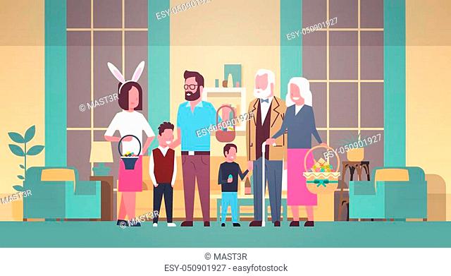 Big Family Celebrate Happy Easter Holding Basket With Eggs And Wearing Bunny Ears Over Home Interior Flat Vector Illustration