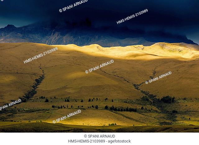 Ecuador, Cotopaxi, Cotopaxi National Park, Andean mountain landscape of plains and steppes under a stormy sky