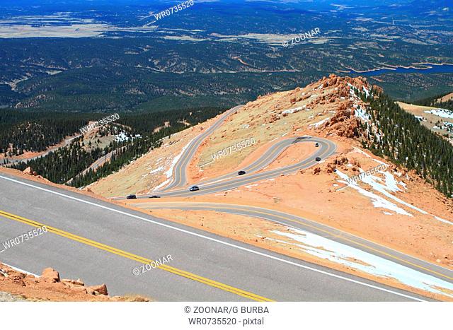 Beautiful serpentine road winding up to the Pikes Peak Mountain