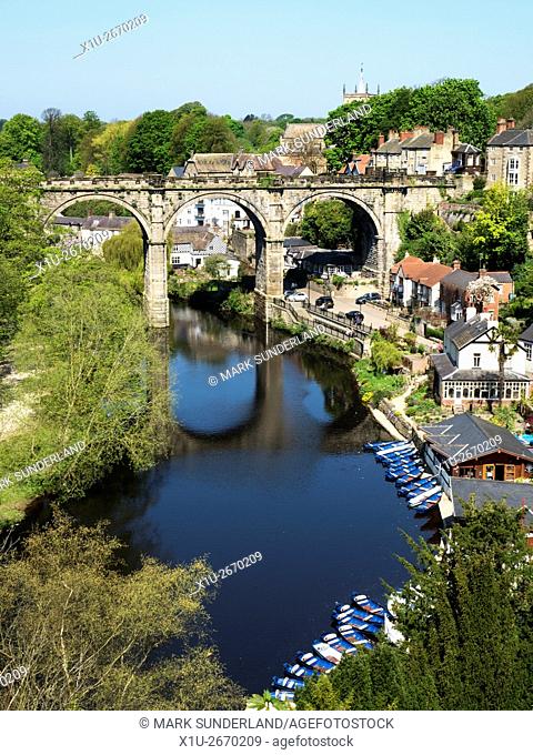 Boats on the River Nidd below the Viaduct at Knaresborough North Yorkshire England