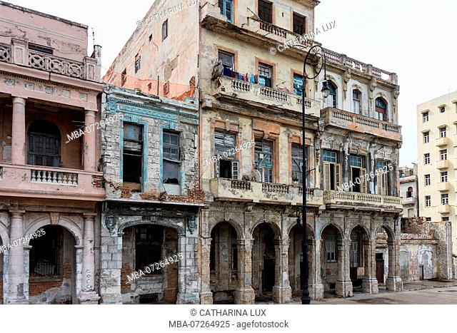 Cuba, Havana, La Habana, Malecon, dilapidated facades