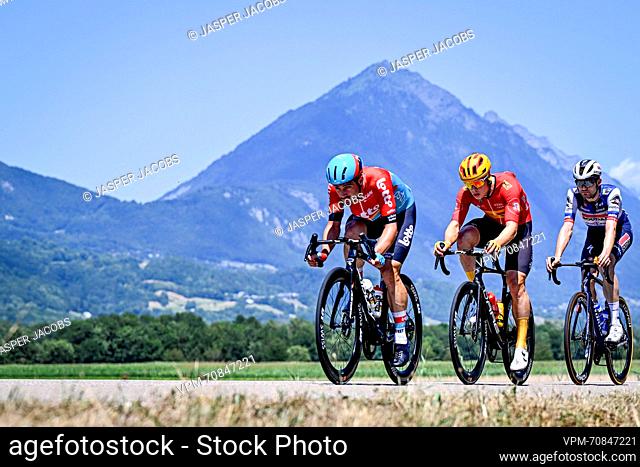 Norwegian Jonas Abrahamsen of Uno-X Pro Cycling Team, Danish Kasper Asgreen of Soudal Quick-Step and Belgian Victor Campenaerts of Lotto DSTNY pictured in...