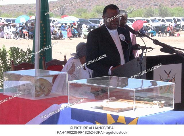 HANDOUT - 28 February 2019, Namibia, Gibeon: Namibia's head of state Hage Geingob speaks at the handover of cultural assets stolen during colonial times