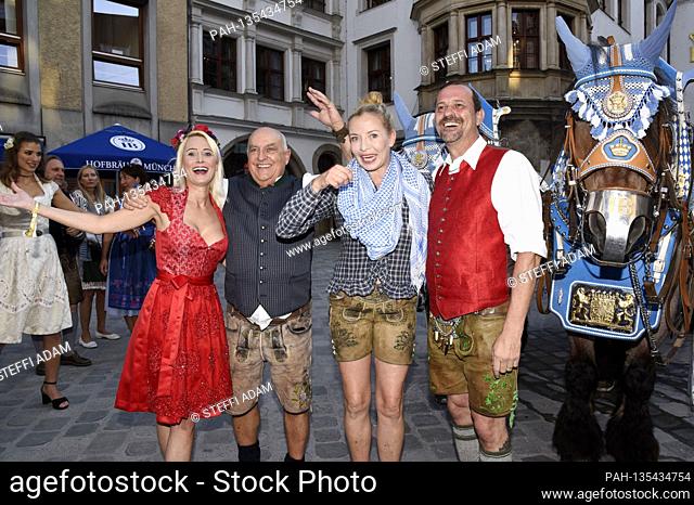 Axel Munz with girlfriend Yve Muc and Michel Guillaume with wife Georgia at the presentation of the Playboy Wiesn-Playmate 2020 in front of the Hofbrauhaus