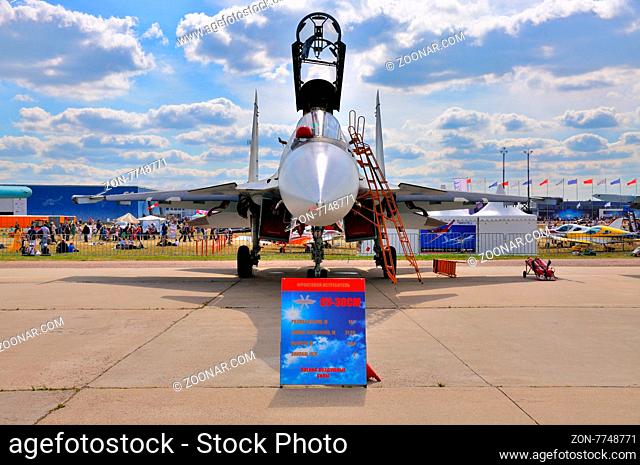 MOSCOW, RUSSIA - AUG 2015: fighter aircraft Su-30 Flanker-C presented at the 12th MAKS-2015 International Aviation and Space Show on August 28, 2015 in Moscow