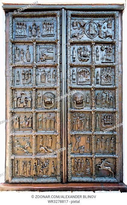 Veliky Novgorod, Russia - August 17, 2017: Ancient bronze Magdeburg Gates of St. Sophia Cathedral in Veliky Novgorod, Russia, 1153 year