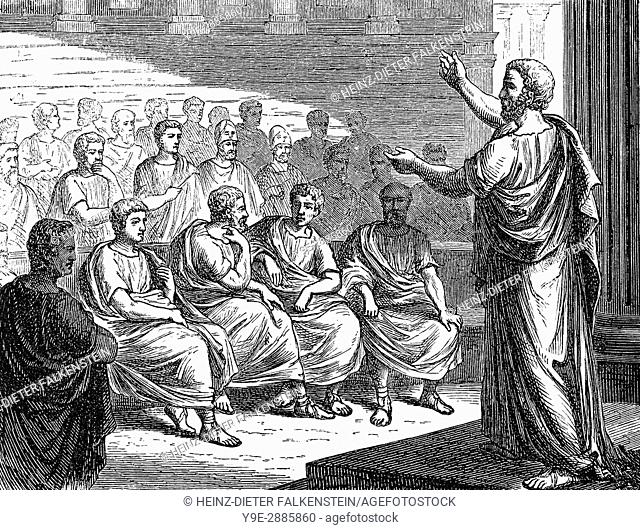 The political speech of Demosthenes, 384-322 BC, a Greek statesman and orator of ancient Athens, against Philip II of Macedon