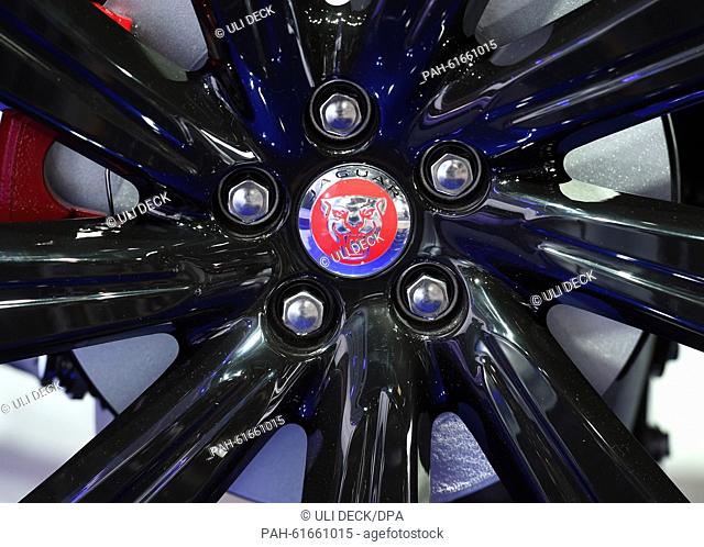 A Jaguar logo is pictured on the wheel rim of a Jaguar F-Pace at the International Motor Show IAA in Frankfurt/Main, 16 September 2015