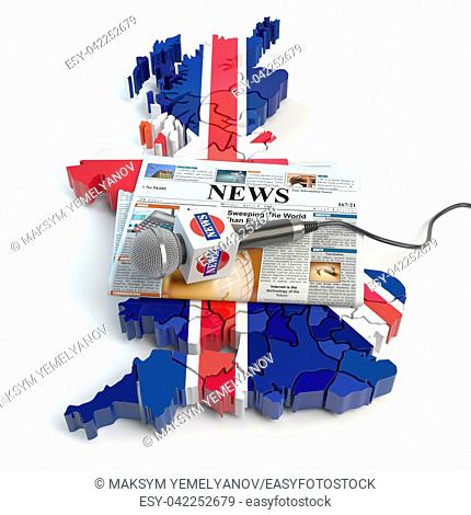 Australian news, press and journalism concept. Microphone and newspaper on the map in colors of the flag of Australia. 3d illustration