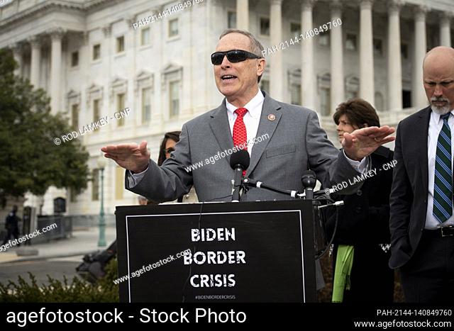 United States Representative Andy Biggs (Republican of Arizona) offers remarks during a press conference by the House Freedom Caucus on immigration at the...