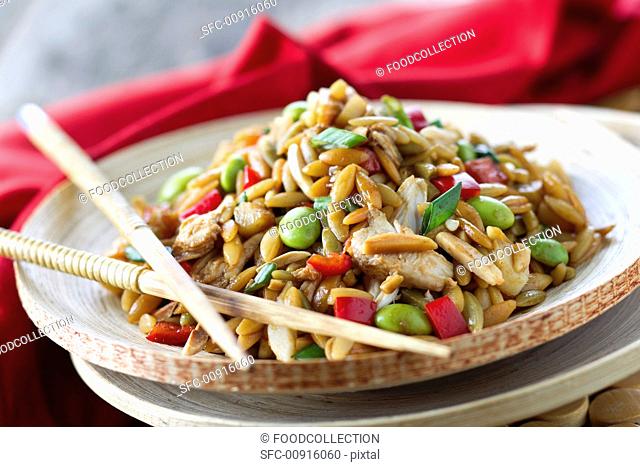 Orzo Asian Rotisserie Chicken Salad with Chopsticks on Plate