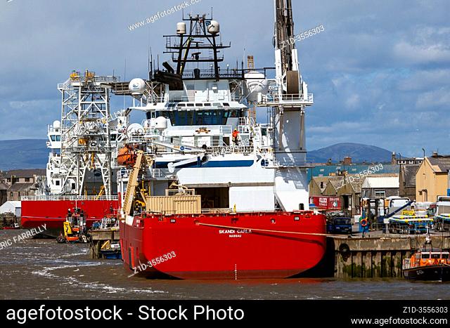 Oil Industry platform support vessels alongside Montrose Angus Scotland