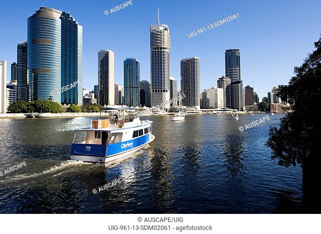 City skyline and a launch on the Brisbane River, Brisbane, Queensland, Australia