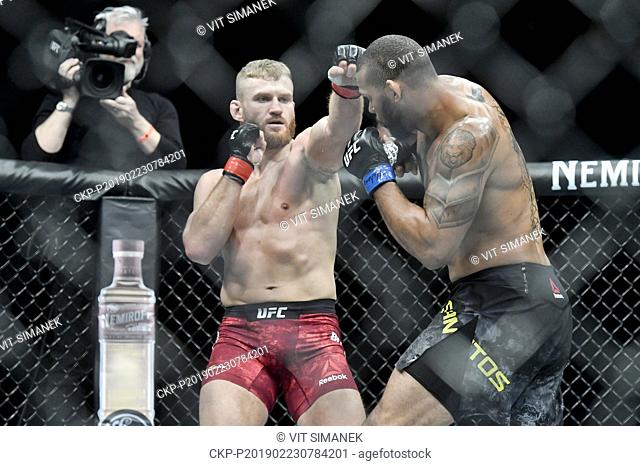 Jan Blachowicz (left) from Poland fights with Thiago Santos from Brazil during the UFC Fight Night Prague, on February 23, 2019 in Prague, Czech Republic