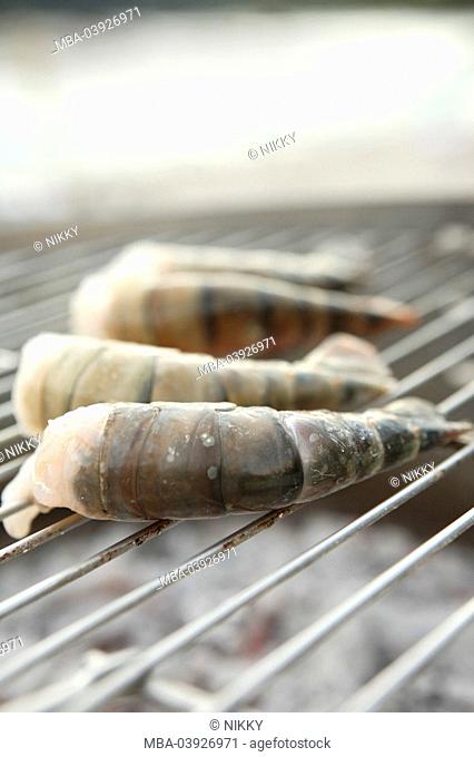 king prawn, tails, grill, detail, blurred