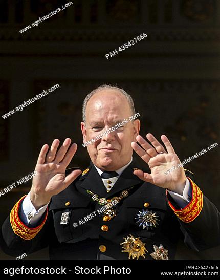 Prince Albert II of Monaco on the balcony of the Princely Palace in Monaco-Ville, on November 19, 2023, during the Monaco national day celebrations Photo:...