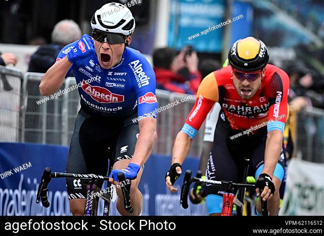 Belgian Jasper Philipsen of Alpecin-Deceuninck wins, before German Phil Bauhaus of Bahrain Victorious, the sprint at the finish of stage 3 of the...