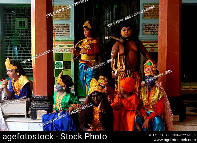 KOLKATA, INDIA - APRIL 13, 2022: Children are seen dressed as mythgological figures (God and Goddess), during Shivagajan festival