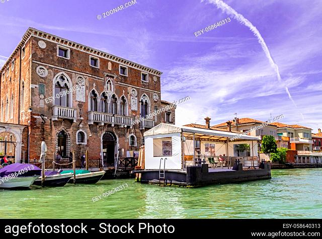 Venice Italy - May 26, 2019: ACTV Water bus stop Da Mula at Murano island, famous because of his glass