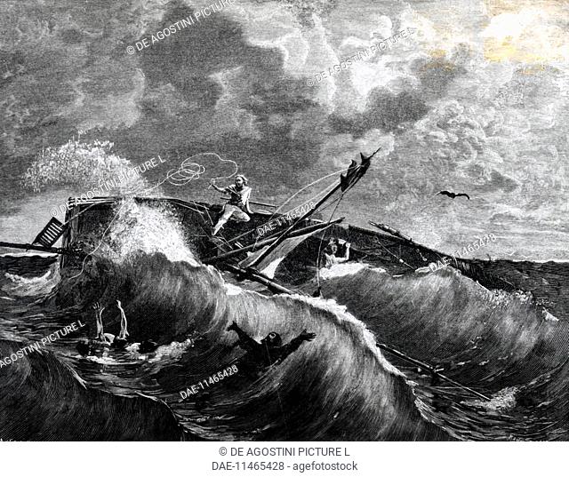 Sinking of the Farroupilha, also called Rio Pardo, on Lake Tamarinds, July 15, 1839, illustration by Edoardo Matania (1847-1929) from Garibaldi and his times