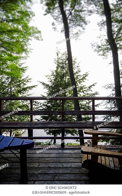 Wooden Deck Furniture and Trees on Foggy Day