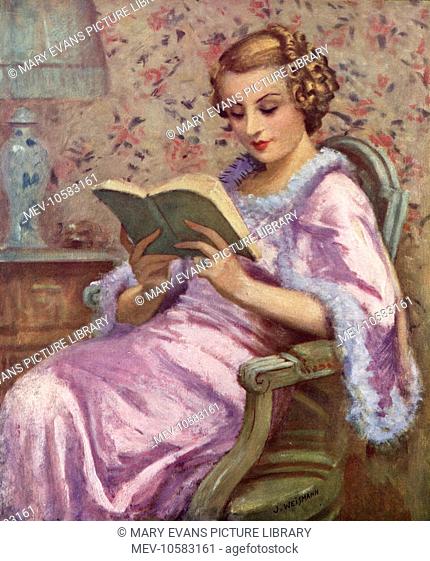 A beautiful young woman with blonde hair and red lipsticked lips, wears a lilac gown with sky blue fur trim. She reclines in her favourite chair to read her...