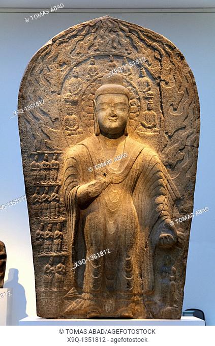 Stele with Buddha Dipankara Randeng, Northern Wei dynasty 386-495, dated 489-495, Shanxi Province, China, Sandstone with pigment, H  12 ft  365 cm