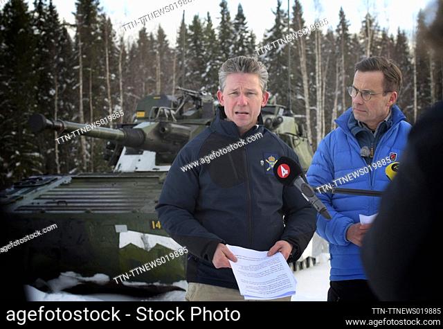 Sweden's Prime Minister Ulf Kristersson and Defense Minister Pal Jonson during a press conference at the Norrbotten Regiment I19 in Boden Sweden