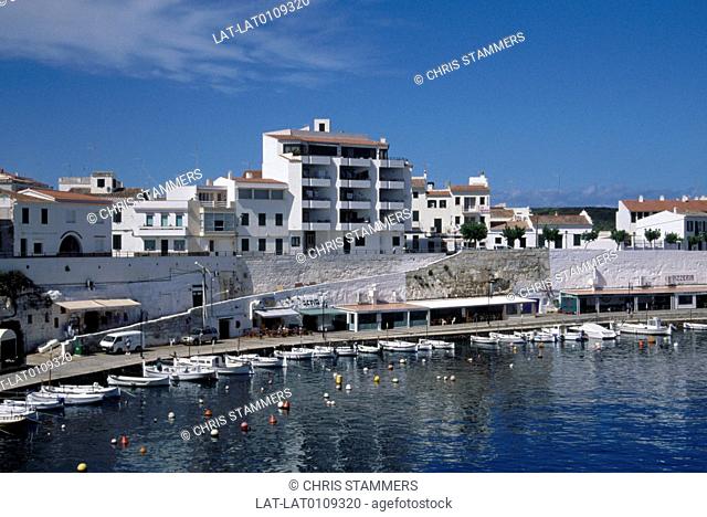 Balearic island. Harbour. Waterfront buildings. Boats