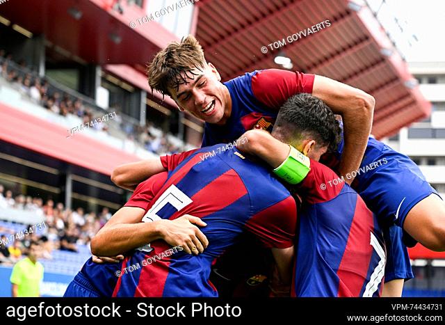 Barcelona's Marc Guiu celebrates with his teammates during a soccer game between Spanish FC Barcelona and Belgian Royal Antwerp FC