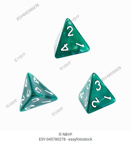 Green roleplaying polyhedral tetrahedron gaming plastic dice isolated over the white background, set of three different foreshortenings