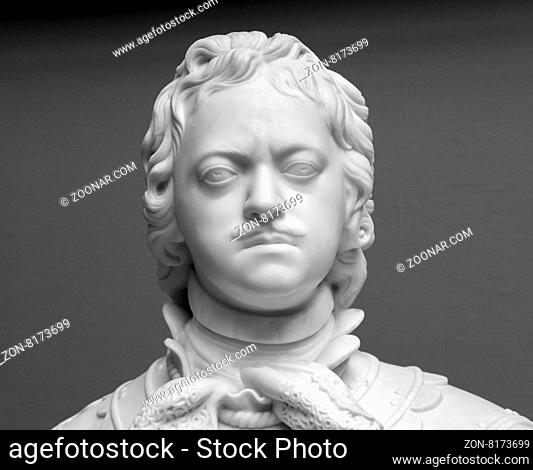 Moscow, Russia - October 29, 2015: Pushkin Museum of Fine Art. Peter the Great marble portrait bust. Russian Emperor Peter I