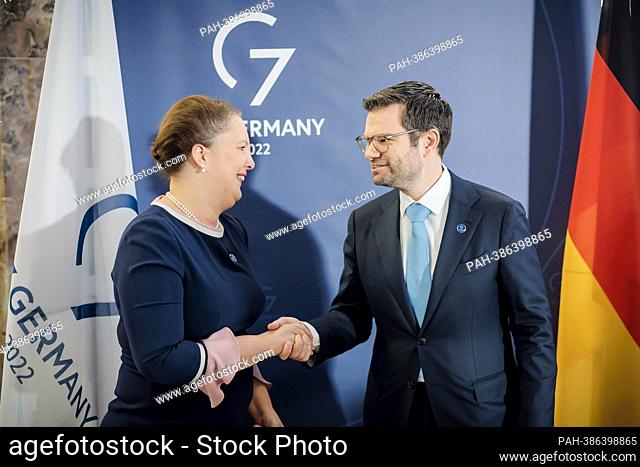 (RL) Marco Buschmann (FDP), Federal Minister of Justice, and Victoria Prentis, Attorney General in Great Britain, taken during the meeting of the G7 Justice...