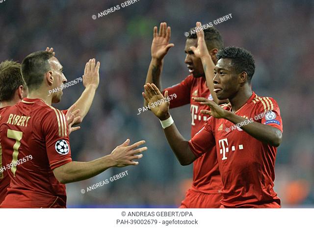 Munich's Franck Ribery (L-R), Jerome Boateng and David Alaba celebrate the 1:0 during the UEFA Champions League semi final first leg soccer match between FC...