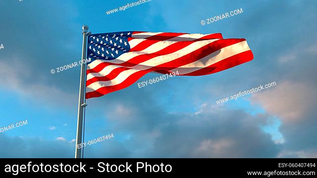 3d rendering of the national flag of the United States of America in the evening at sunset against a background of beautiful clouds
