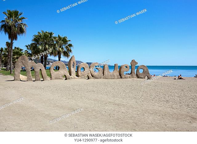 Malagueta sign on beach of Malaga, Costa del Sol, Andalucia, Spain, Europe