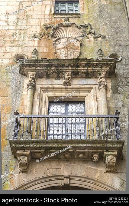 Marquis of Mirabel Palace plateresque balcony, Plasencia, Spain. Medieval street at Old town