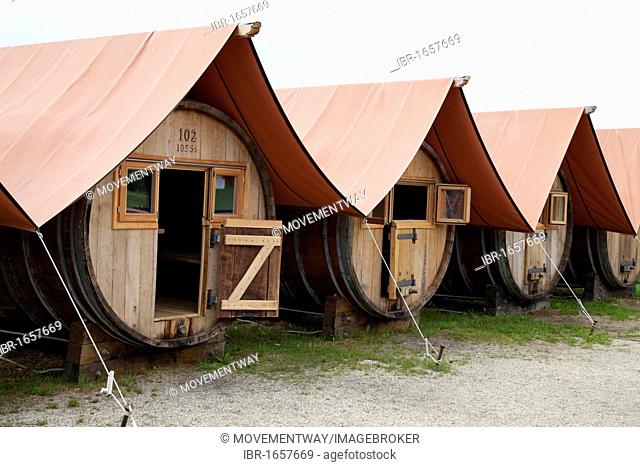Wooden barrels converted to huts, Schlepzig, Spreewald, Brandenburg, Germany, Europe