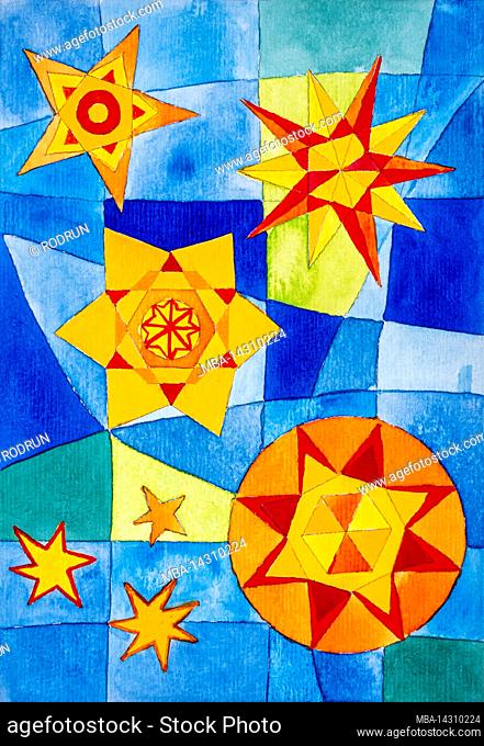 Watercolor by Heidrun Füssenhäuser Four big stars, blue sky, three small stars