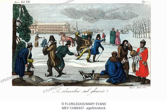 Skating on the ice in front of the Academy of Fine Arts, St. Petersburg. At right, two men buy hot drinks from a vendor with a barrel and cups