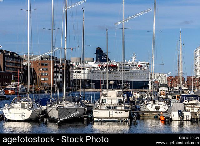 Copenhagen, Denmark A DFDS ferry to Norway docked at Amerikakajen in downtown