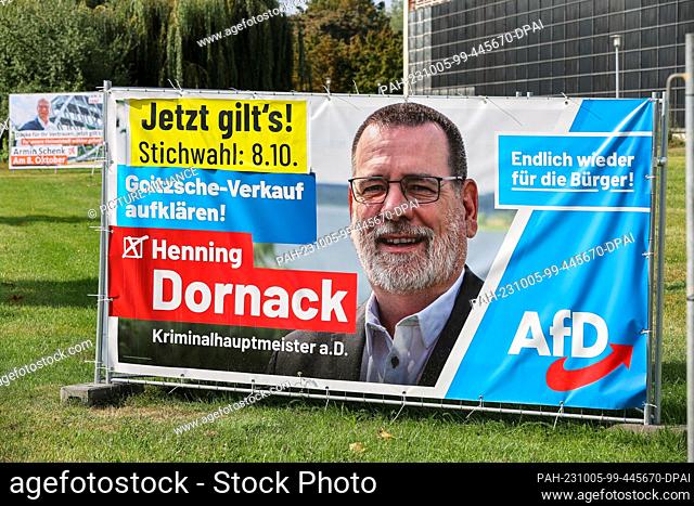 04 October 2023, Saxony-Anhalt, Bitterfeld-Wolfen: Election posters of the candidate Dornack (AfD) stand in the city center. Photo: Jan Woitas/dpa